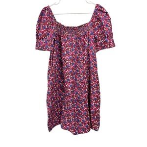 J. Crew Size Medium Afternoon Linen Dress Berry Floral Square Neck Puff Sleeve